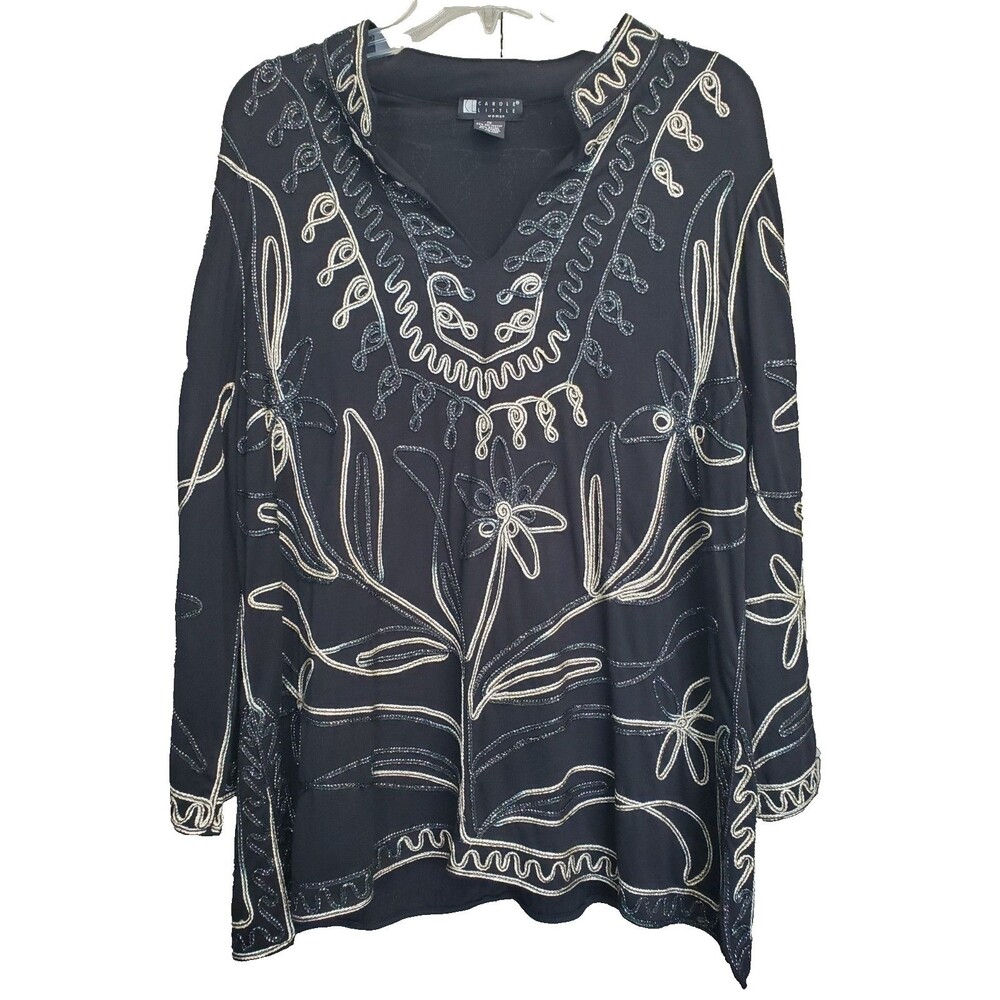 Carole Little Woman Black Floral Embroidered Shimmer Notch Neck Tunic Size 1X